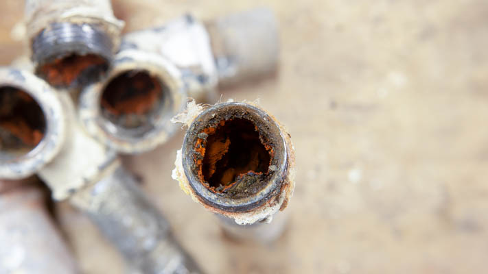 A clogged and corroded galvanized pipe